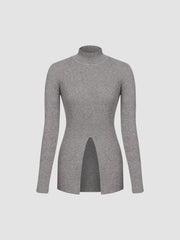 Rib Knit Mock Neck Split Long Sleeve Top