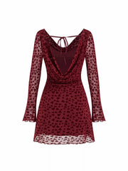 Mesh Heart Boat Neck Bell Sleeve Flocking Mini Dress