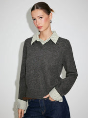 Knit Collar Check Two Tone Button Top