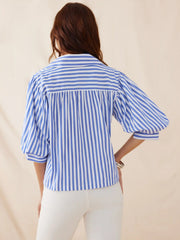 Cotton Striped Lantern Sleeve Collar Blouse