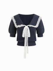 Knit Collar Short Sleeve Lace Top