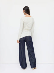 Cotton-blend Striped Boat Neck Long Sleeve Ruched Asymmetrical Hem Top