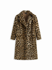 Oversized Leopard Notched Collar Button Faux Fur Longline Coat