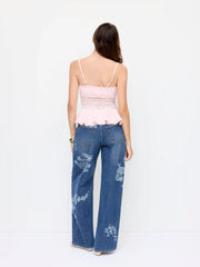 Washed Denim Low Rise Floral Wide Leg Jeans