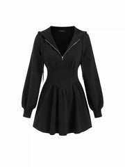 Cotton-blend Hooded Lantern Sleeve Ruched Sweatshirt Mini Dress