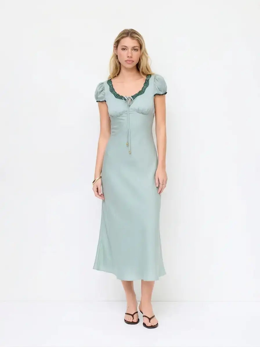 Satin U-neckline Lace Trim Knotted Maxi Dress