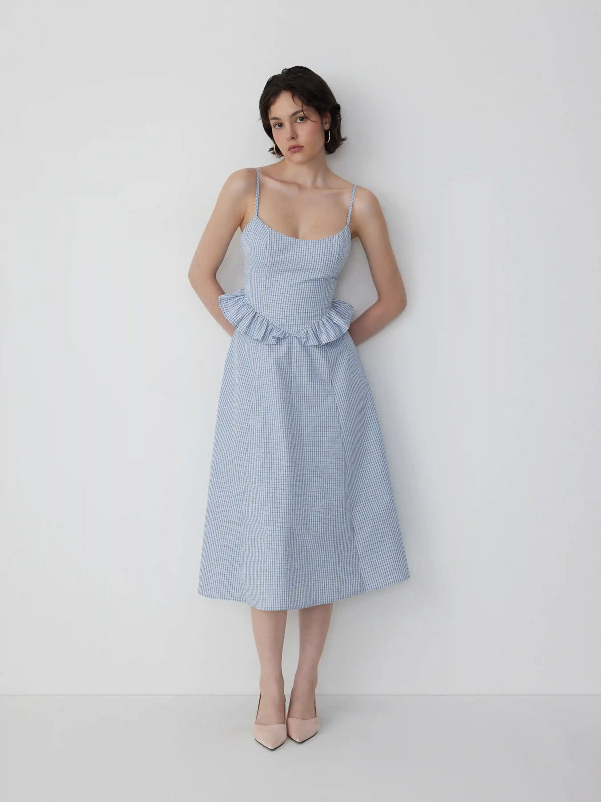 Cotton-blend Gingham Scoop Neck Ruffle Bowknot Flared Maxi Dress