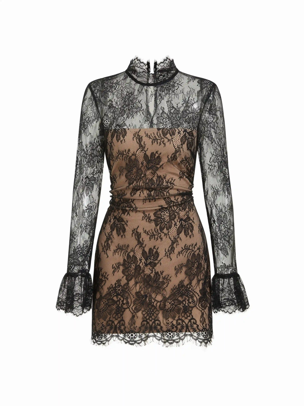 Lace Stand Collar Long Sleeve Straight Mini Dress