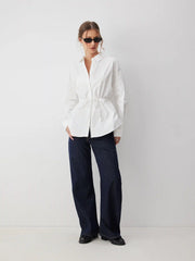Cotton-blend Long Sleeve Drawstring Blouse