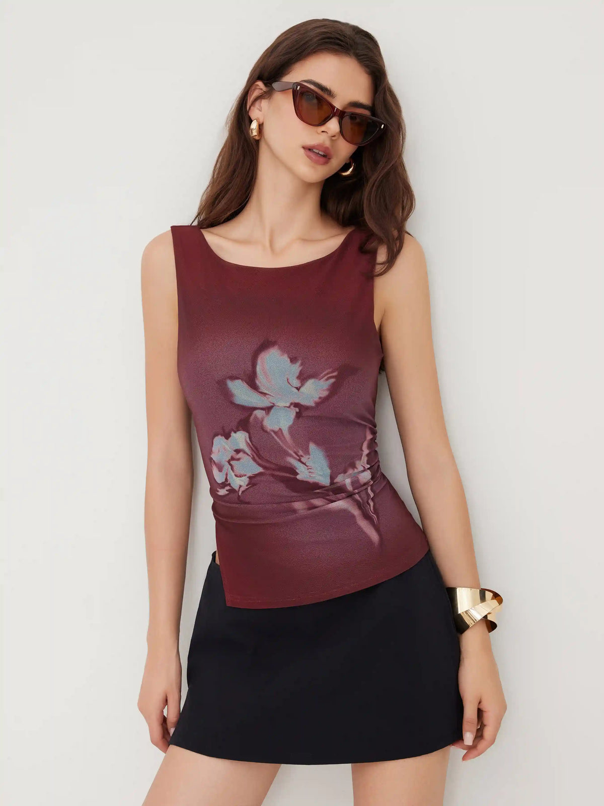 Mesh Boat Neck Floral Graphic Ruched Split Tank Top