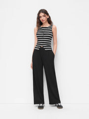 Striped Round Neckline Split Tank Top & Mid Rise Straight Leg Trousers Set