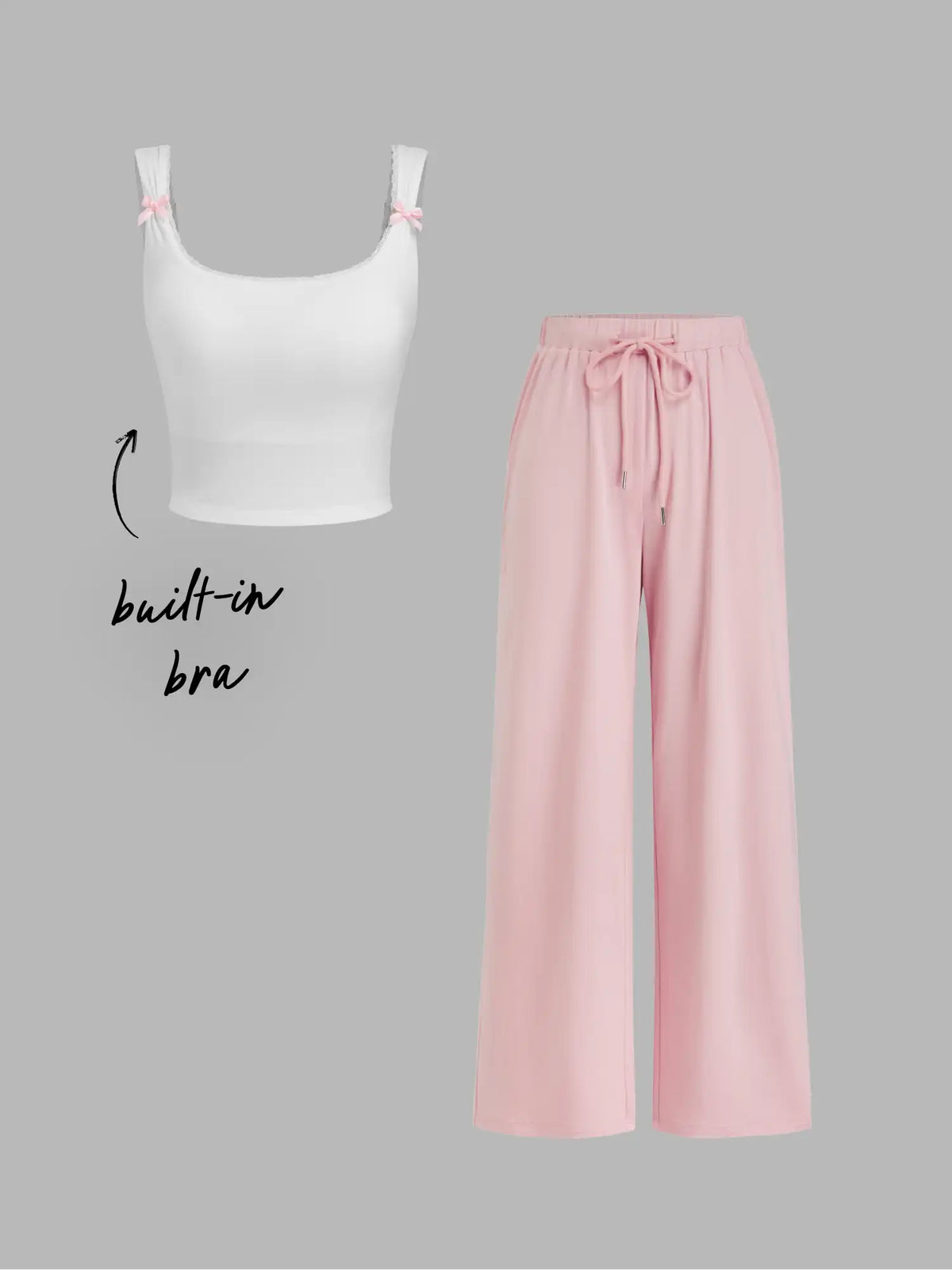 Built-in Bra Square Neck Bowknot Lace Trim Crop Tank Top & Mid Rise Drawstring Wide Leg Trousers Loungewear Set