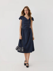 Asymmetrical Neck Tartan Ruched Tie Back Midi Flared Dress