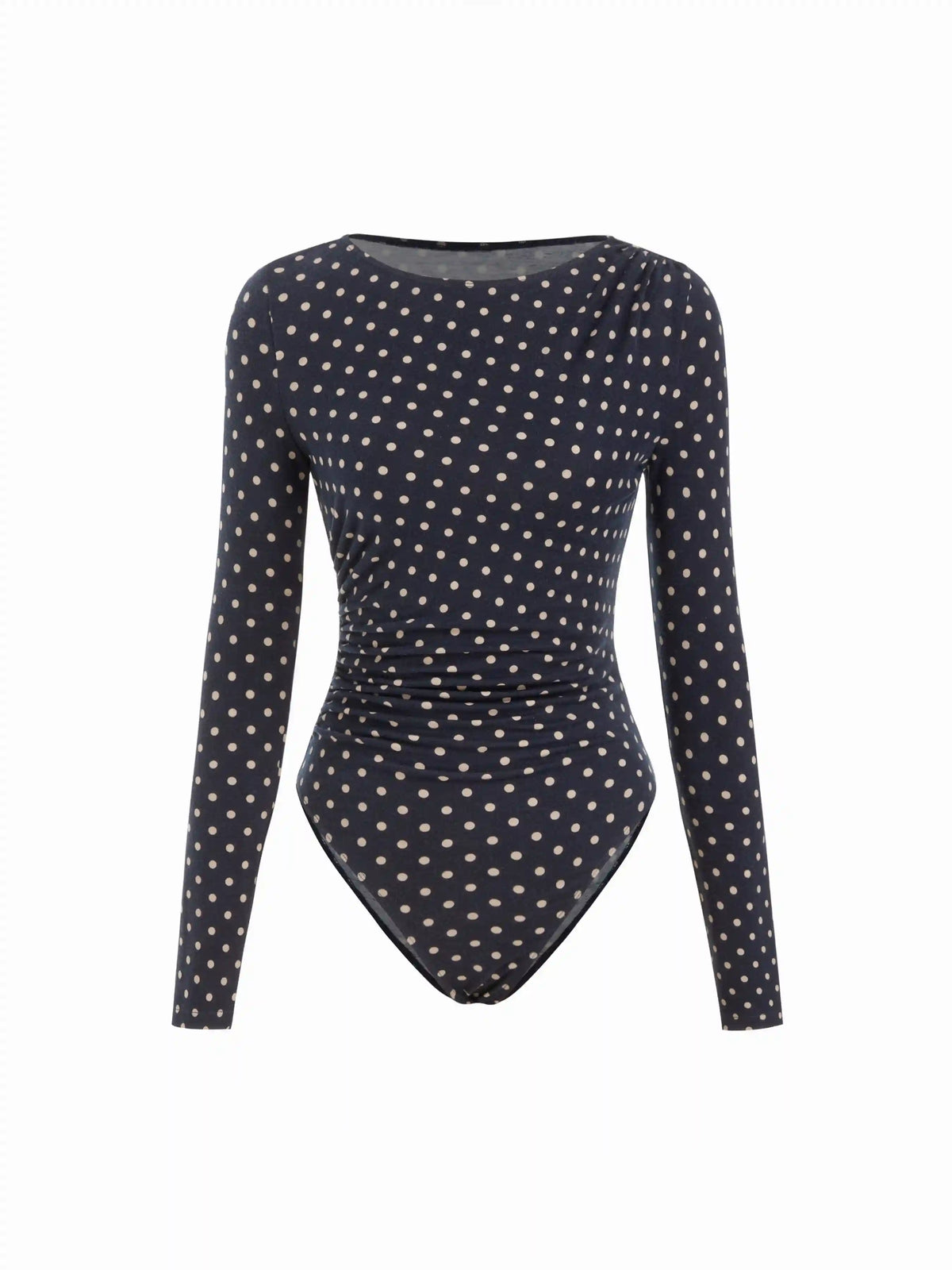 Polka Dot Boat Neck Long Sleeve Ruched Bodysuit