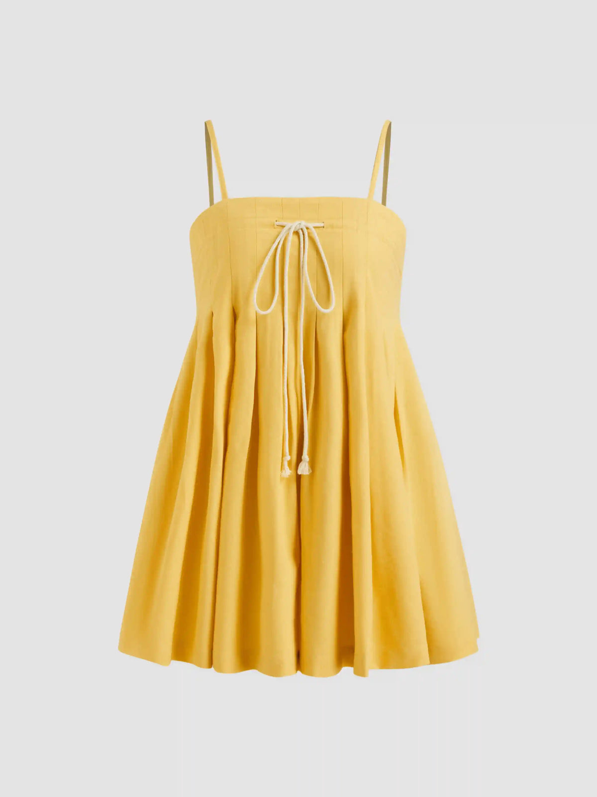 Linen-blend Square Neck Drawstring Shirred Pleated Romper