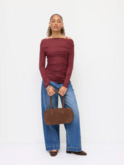 Wool-blend Two Piece Off-shoulder Long Sleeve Ruched Top With Cami Top