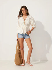 Linen-blend V-neck Drawstring Puff Middle Sleeve Oversized Blouse