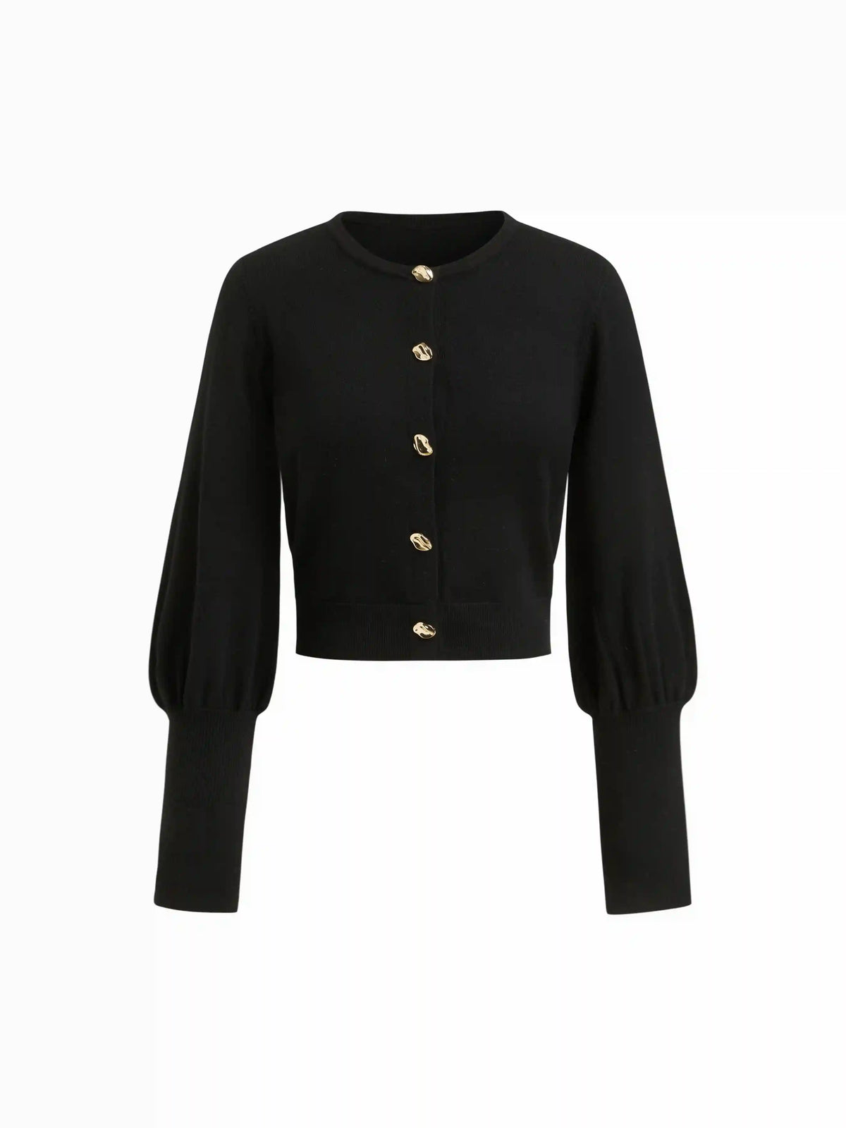 Knit Round Neck Gigot Sleeve Button Metal Detail Cardigan