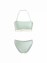 Halter Neckline Shell Tassel Hem Tube top Bikini Set