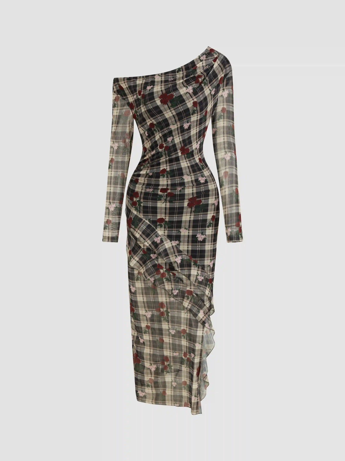 Mesh Asymmetrical Neck Floral Checks Ruffle Hem Maxi Dress