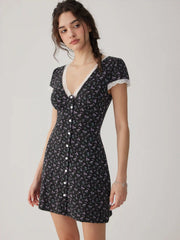 Ditsy Floral V-neck Lace Trim High Rise A-line Mini Dress