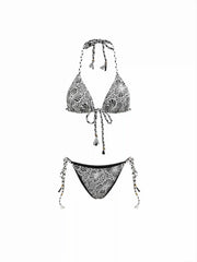 Halter Neckline Floral Beaded Triangle Tie Side Bikini Set