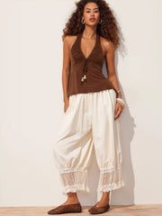 High Stretch V-neck Halter Ruched Lace Trim Beaded Drawstring Peplum Tank Top
