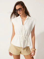 Linen-blend Collar Drawstring Sleeveless Blouse