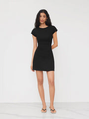 Cotton-blend Round Neckline Ruched Mini Dress