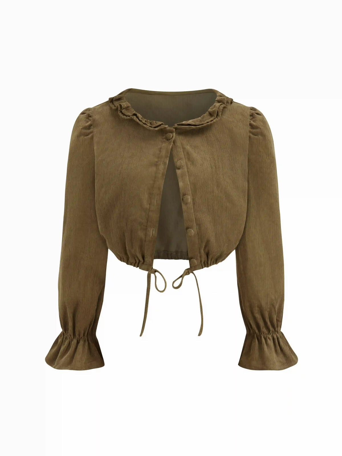 Corduroy Collar Lettuce Trim Drawstring Crop Blouse