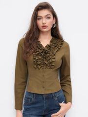 Cotton-blend V-neck Long Sleeve Ruffled Blouse