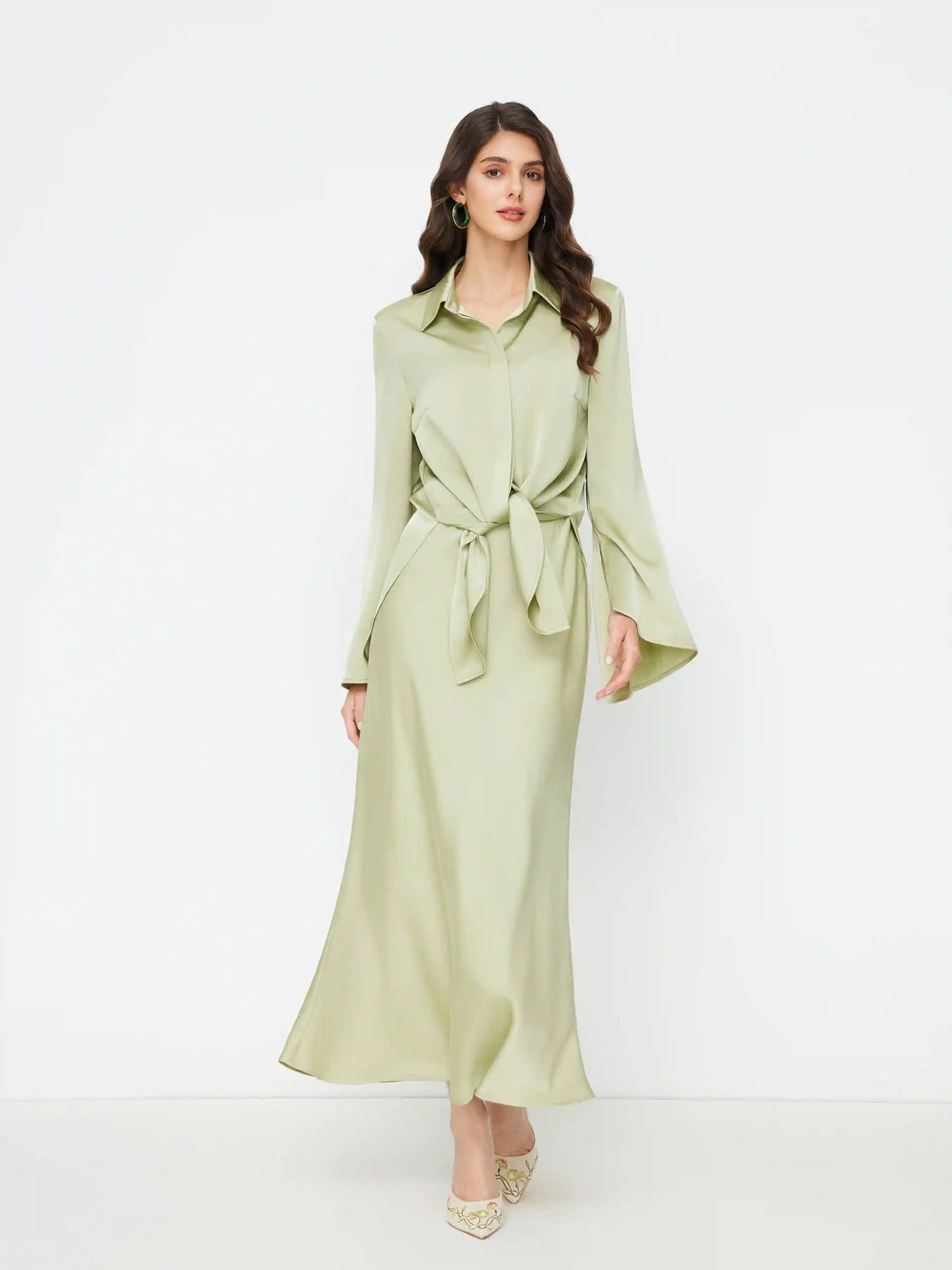 Satin Collar Knotted Flare Sleeve Top & Solid Maxi Skirt Set