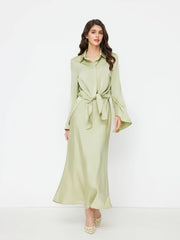 Satin Collar Knotted Flare Sleeve Top & Solid Maxi Skirt Set