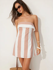 Linen-blend Striped Fold Over A-line Bandeau Mini Dress