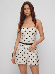Satin Polka Dot Bandeau Mid Rise Romper With Belt