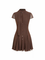 Mesh High Neck Short Sleeve Draped A-line Mini Dress With Scarf