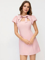 Cut Out Bowknot Puff Sleeve A-line Mini Dress