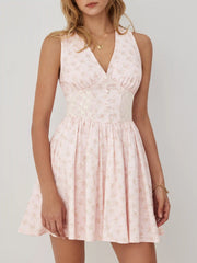 Cotton Floral V-neck Lace Panel A-line Mini Dress