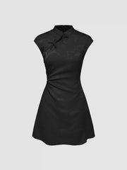 Satin Mandarin Collar Floral Tie Front Ruched Mini Dress