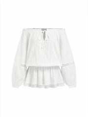 Cotton-blend Off-shoulder Lace Drawstring Puff Sleeve Oversized Blouse