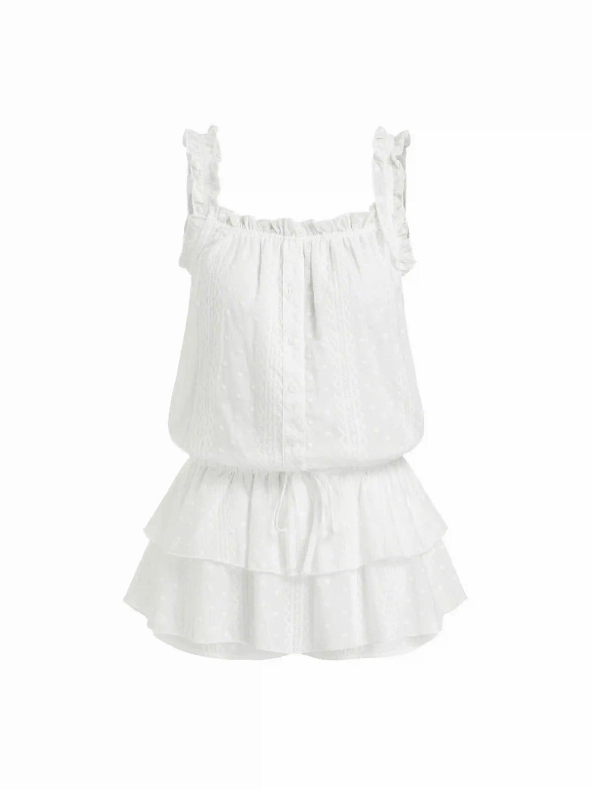 Cotton Square Neck Lace Textured Ruffled Drawstring Lettuce Trim Romper