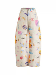 Cotton-blend Mid Rise Snail Graphic Barrel-leg Trousers