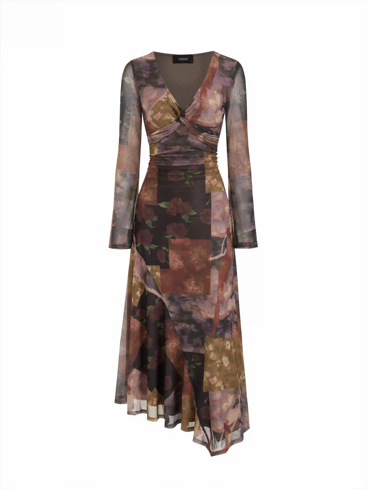Mesh V-neck Floral Asymmetrical Hem Twist Maxi Dress