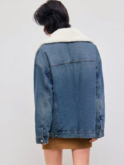 Denim Oversized Quilted Jacket With Faux Shearling Collar