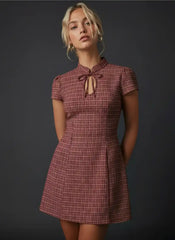 Cotton-blend Mandarin Collar Tartan Cut Out Bowknot Puff Sleeve Mini Dress