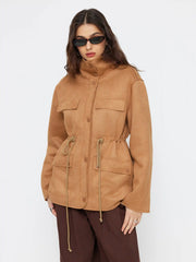 Faux Shearling Collar Drawstring Zip Through Longline Oversized Jacket