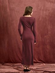 Round Neckline Long Sleeve Metal Button Ruched Maxi Dress
