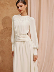 Mid Rise Ruched Wrap Waist Long Sleeve Maxi Dress