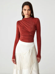 Stand Collar Ruched Long Sleeve Tee