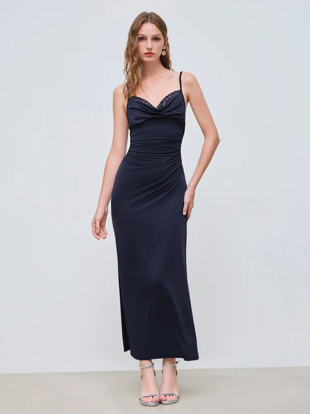 Satin Cowl Neck Solid Lace Ruched Knotted Maxi Dress
